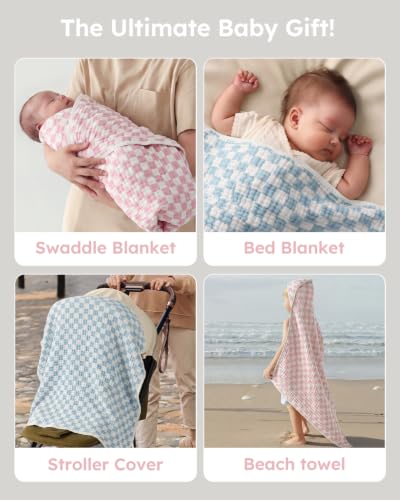 Image of Yoofoss Hooded Baby Towels for Newborn 2 Pack 100% Muslin Organic Cotton Baby Bath Towel with Hood for Babies, Infant, Toddler and Kids, 32x32Inch, Soft and Absorbent, Pink Blue Checkered