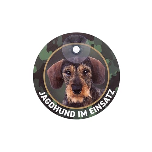 Generisch Dackel Schild Jagdhund im Einsatz Rauhaardackel, Teckel, Dachshund Premium Schild mit Saugnapf aus Aluverbund für Auto, Pkw, Kfz, Scheibe, Autoscheibe, Ø 13 cm Durchmesser - Made in Germany