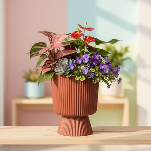 Image of Xtore Bold Pedestal Ceramic Planter Pot for Indoor Plants | Ribbed Elevated Flower Pot for Home, Office Desk & Balcony Decor (Terracotta Red - Planter only)