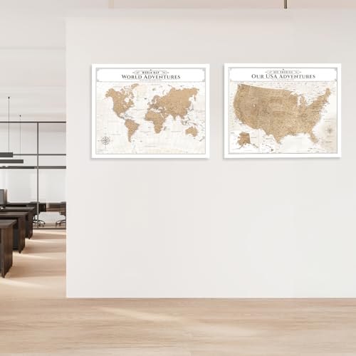 Image of IPIC - Vintage World Map & USA Map Canvas Wall Art Set of 2, Travel Wall Decor with Pins Included, Ready to Hang for Office or Living Room, 30x24 Inch