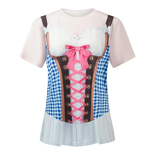 SightYoung Bavarian Oktoberfest Women T-Shirt,Oktoberfest Shirt Women,German Novelty Short Sleeve T-Shirt,Blue Plaid,XXL