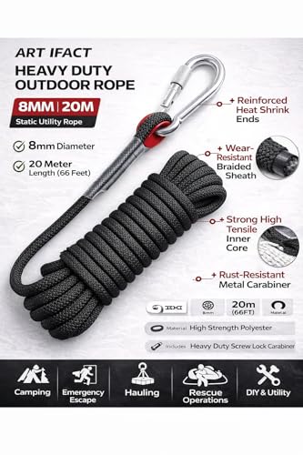 Image of ART IFACT 66 Feets of 8mm Outdoor Safety Rope with Screw Lock Carabiner - Heavy Duty Static Utility Rope for Camping, Rescue, Emergency Escape & Tree Work (Black)