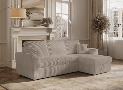 DecoInParis Canapé d'angle Convertible et réversible avec Coffre en Velours côtelé épais Taupe ADRYEN