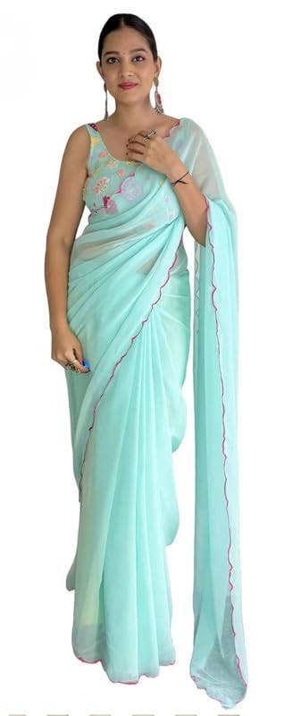 Sari en georgette de luxe brodée main robe indienne d'exception