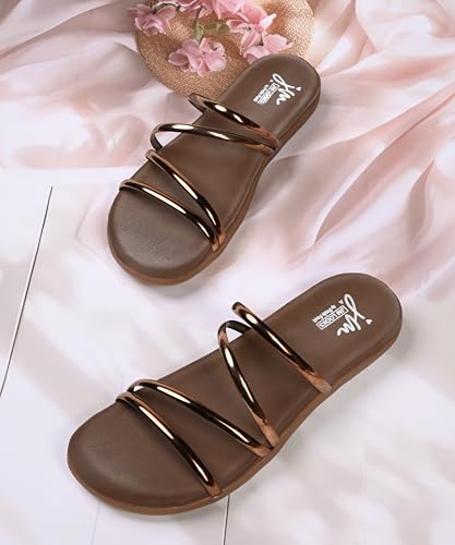 Image of JM LOOKS Women Minimalist Multi Strap Flat Sandals Daily Wear Comfort Open Toe Slip On Slides