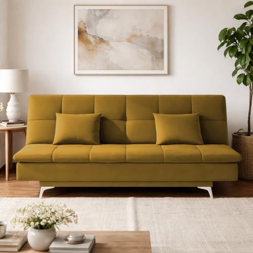 Image of Adorn India Premium New Aspen 3 Seater Sofa Cum Bed 4X6 Velvet Suede with 2 Cushions (Color Yellow) and Suitable for All Indoor, with 3 Years Warranty
