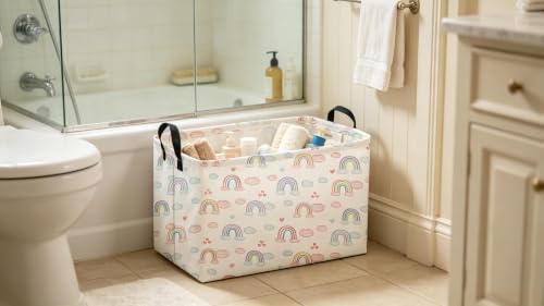 Image of Sanjiaofeng Rectangular Rainbow Basket,Storage Bins with Handles,Dirty Clothes Basket,Rainbows Room Decor(Big Rainbow)