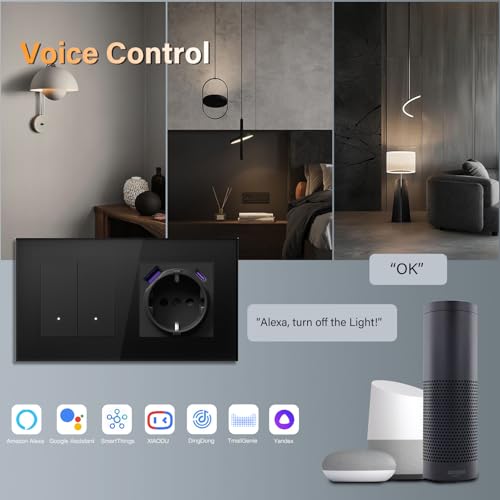 BSEED Steckdose mit PD USB/TYPE C Lichtschalter Unterputz 2 Fach 1 Weg WIFI Smart Lichtschalter (Neutralleiter Erforderlich), Compatibel mit Alexa/Google Home，157mm，Schwarz