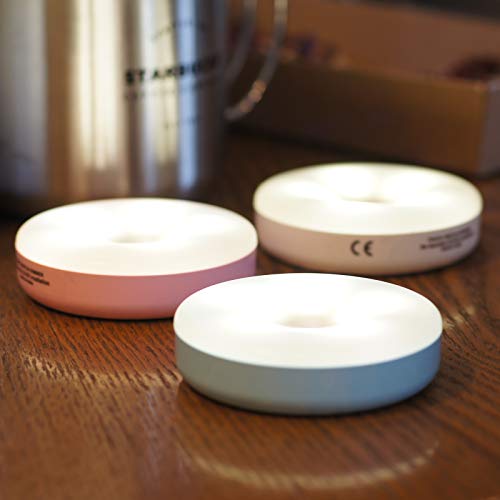 RTSU Rechargeable LED Night Light Set - Wireless Baby Nursery Lamp & Bedside Touch Sensor Stepless Dimmable Puck Lights - Magnetic Back & Easy Adhesive Installation - Blue, Pink & White - 3 Pcs
