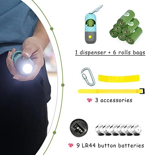Morn Light Poop Bag Holder with Flashlight Dog Poop Bag Holder for Leash Dog Bag Holder with Clip Dog Poop Bag Dispenser with Leak-Proof Green Poop Bags for Dog Walking(Battery,1 Dispenser 105 Bags)