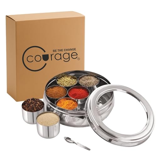 Image of COURAGE Stainless Steel Masala Dabba Spice Box with 7 Containers & Spoon | Airtight Lid | Premium Mirror Finish | Indian Spice Organizer for Kitchen Storage | Durable Masala Box Set with Steel Lid