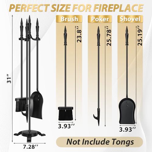 FEED GARDEN Fireplace Tools Set 4 Pieces, 31 Inch Modern Indoor Outdoor Wrought Iron Fire Place Set Tools, Black Fireplace Accessories Included Poker, Shovel, Brush, Base - Image 3