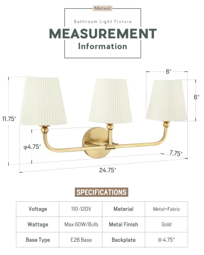 Image of 3-Light Gold Bathroom Vanity Light, Beige Pleated Fabric Shade