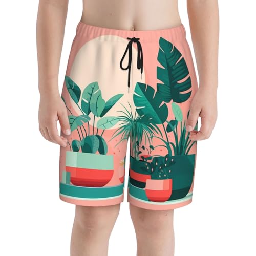 Beautiful Potted Green Plants Medium Youth Beach Pants, Soft and Breathable, with Drawstring Waist, Suitable for Sports and Leisure.3