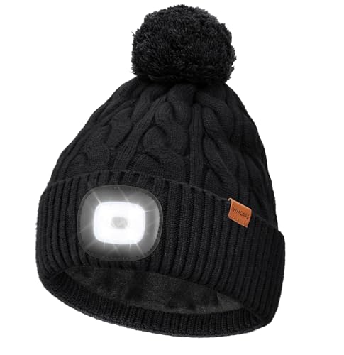 Wmcaps LED Beanie Type-C Rechargeable with Thermal Fleece Lining Hands-Free Headlamp Light Up Winter Bobble Hat with Pom-Pom for Men and Women Perfect Christmas Birthday Gift Black
