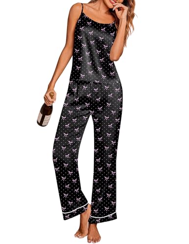 Image of Ekouaer Women Silk Satin Pajamas Sleeveless Pjs Set 2 Piece Summer Loungewear Sleepwear with Pockets S-XXL
