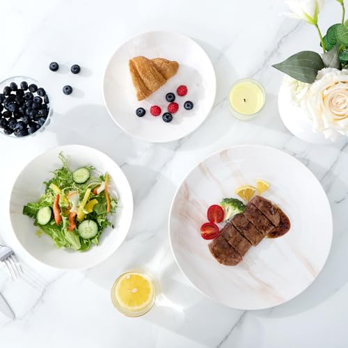 Image of Bestone 12 Pieces Round Kitchen Dinnerware Sets,Plates and Bowls sets,Dishes, Plates, Bowls, Dish Set,Plates and Bowls,Service for 4, Orange and White Marble