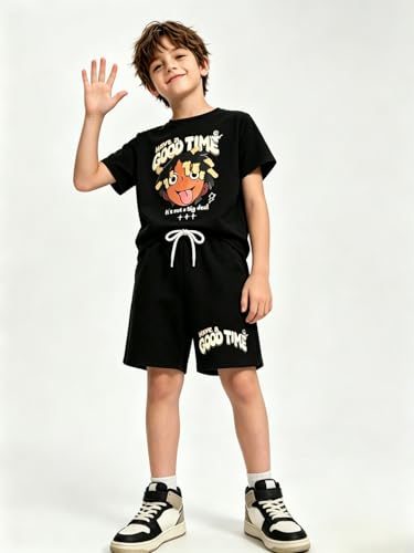 Image of Size 6-12 Years Boys Summer Outfits Set Kids Short Sleeve Top T-Shirt & Shorts Color Block Clothing Sets