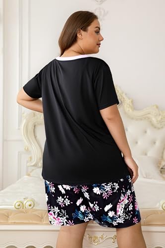 Image of Vozanet Women's Short Sleeve Top and Shorts Pajama Sets Plus Size V Neck Colorful Flower Nighty Loungewear With TWO Pockets