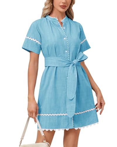 Image of Women's Summer Shirt Dress Short Sleeve Button Down Mini Tie Waist Belted Tunic with Pockets RIC Rac Trim