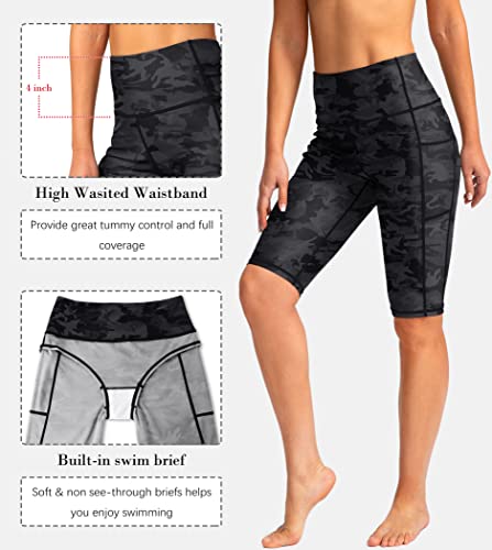 Image of SANTINY Women's High Waisted Swim Shorts with Pockets UPF50+ Long Board Swimming Shorts for Women with Liner