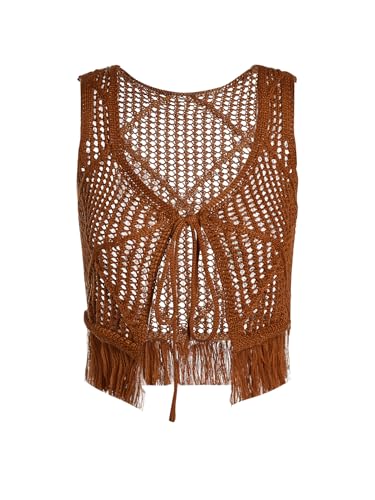 MakeMeChic Women's Cowboy Crochet Fringe Vest Vintage Hollow Out Tie Sleeveless Crop Knit Vest