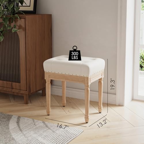 Vanity Stool, 19\" Ottoman Bench for Bedroom, Tufted Vanity Chair for Makeup Room, Faux Leather Ottoman Stool with Vintage Wooden Frame, Small Bench for Living Room Dining Room, Foot Stool Foot Rest