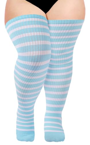 Image of Moon Wood Plus Size Thigh High Socks for Women Knit Cotton Extra Long Striped Over the Knee High Socks Leg Warmers