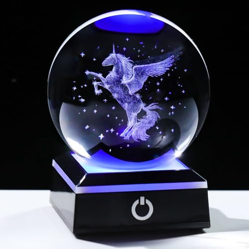 Image of 3D Unicorn Crystal Ball Snow Globe Gifts for Women, Laser Etched Unicorns Night Light Decor for Girls Bedroom for Adults or Girls