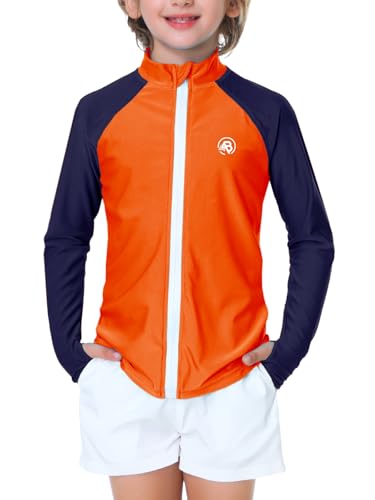 AOBUTE Swim Shirts for Boys SPF 50+ Color Block Long Sleeve Summer Rash Guard with Thumb Holes Orange Navy 11-12Y