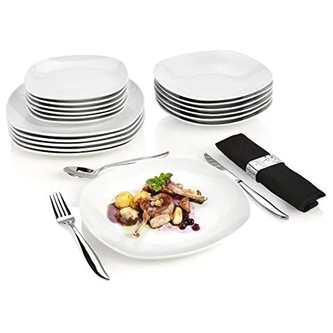 SÄNGER | Tafelservice Bilgola Weiß, 18-teiliges Geschirrset für 6 Personen mit Suppen-, Dessert-, & flachen Tellern aus Porzellan Cover