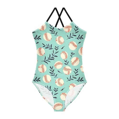 ALAZA Baseball Color Green Girls Swimsuit Bathing Suit Beach Swimwear One Piece 3-10T