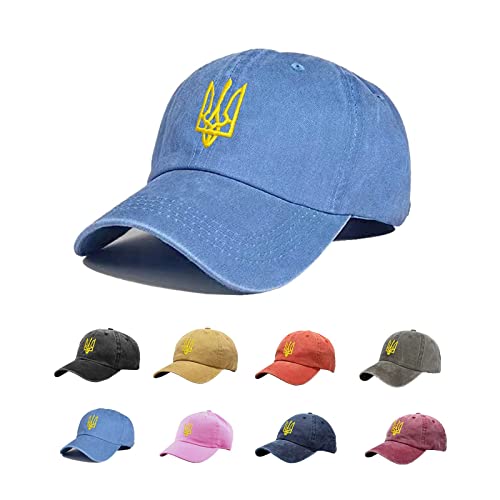 Giavuwn Embroidered Ukraine Hat Retro Vintage Washed Cotton Denim Baseball Caps Blue
