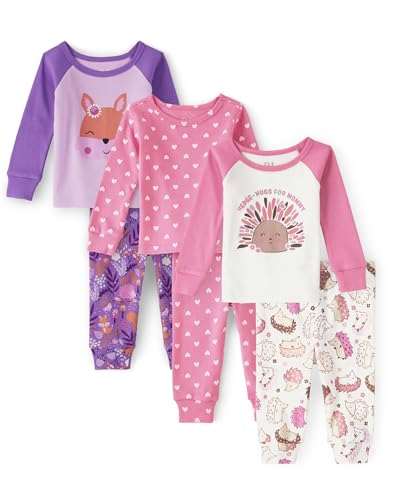 The Children's Place Baby Girls And Toddler Long Sleeve Top Pants Snug Fit 100% Cotton 4 Piece Pajama Set, Critter 3 Pack, 0-3 Months US