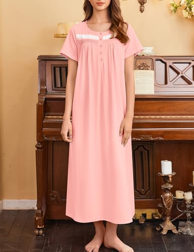 Image of Ekouaer Nightgown for Women Cotton Long Night Gown Short Sleeve Nightdress with Pockets Button Sleepshirt Soft Sleepwear