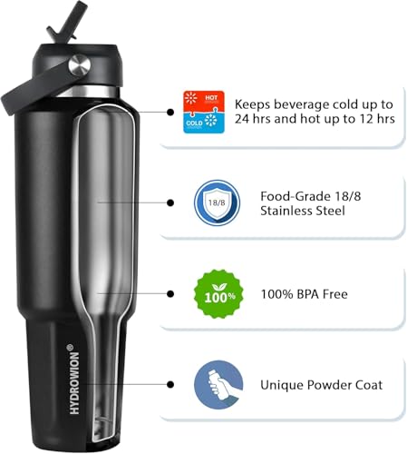 Image of HYDROWION 40 oz Insulated Water Bottle, Car Water Bottle Holder - Double Wall Vacuum Insulated Travel Bottle with Straw Lid, Spout Lid and Flex Cap - Cold for 24H, Hot for 12H, Blue - Panda