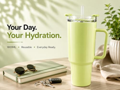 Image of 1800ML Large Plastic Tumbler with Handle & Straw | BPA-Free Reusable Water Bottle with Flip Lid | Leakproof Travel Mug for Gym, Office, College, Car, Outdoor & Daily Hydration Needs. (Mint Green)