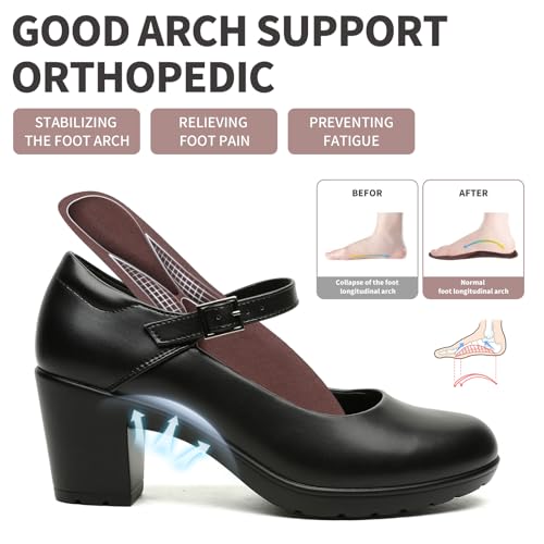 Womens Mary Jane Dress Shoes Chunky Low Block Heels 7CM Closed Toe Work Platform Pumps Dressy Orthopedic for Business Flight Wedding Office Ankle Strap Leather Casual Comfort with Arch Support2