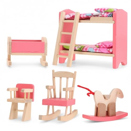 JOINPAYA Wooden Dollhouse Bedroom Furniture: Doll Bunk Bed Rocking Horse Chair, DIY 1:12 Scale Miniature Doll House Decoration Accessories for Ages 3+...