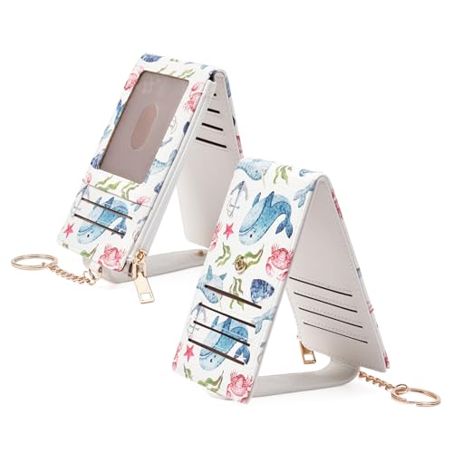 Image of GOIACII RFID Slim Card Holder Wallet with ID Window Thin Bifold Wallet for Womens Zipper Coin Pocket Whale Print