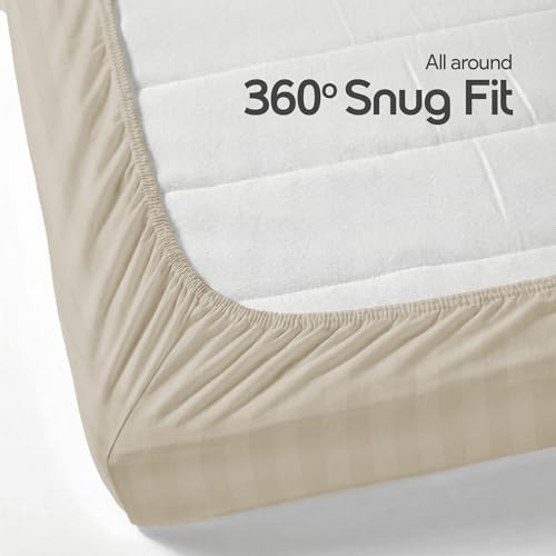 Image of LINENWALAS Cotton 300 TC Fitted Bed Sheet for Single Bed | Signature 2 CM Sateen Stripe Design | All-Around Elastic for 4-8 Inch Mattresses | Luxury Hotel-Style Bedding (36 x 78, Pearl)