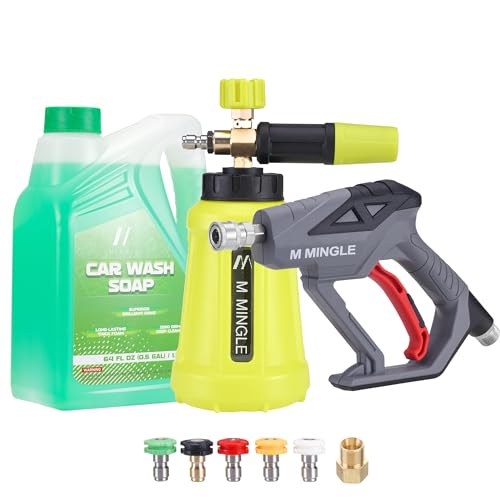 M MINGLE Pressure Washer Gun with Foam Cannon, 64 Fl Oz Car Wash Soap & 5 Power Washer Nozzle Tips, Car Wash Foam Gun for Car Washing, Patio Cleaning