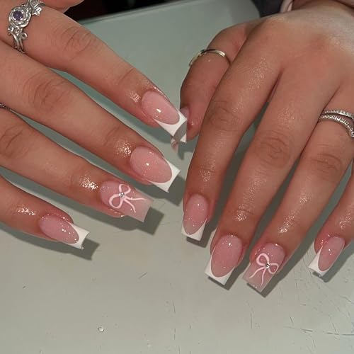 French Tip Nails - 24pcs Medium Square False Nails - 12 Sizes Pink Fake Nails with Glue - Stick on nails with Bow Patterns - Glossy Full Cover Glue on Nail for Women Girls Valentines Day Gift
