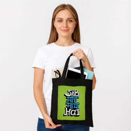 Image of Black Tote Bag With Pocket Printed Designed Canvas Tote Bags For Women large capacity,Tote bag For Shopping, College, Travel, More Canvas Handbag For Unisex Bag