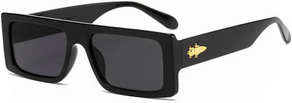 Mens Women's 90’s OG Trendy Rectangle Narrow Flat Top Unisex Square Old School Designer Style Fashion Hip Hop Dark Black Stylish Trendy Gold Jewel Buckle Hinge Sunglasses