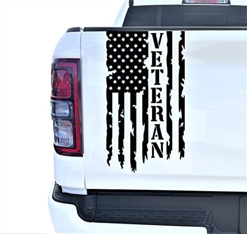ALDERA GRAPHICS Veteran Army Retired Soldier Distressed American USA US Flag Truck Tailgate Vinyl Decal Sticker Compatible with Most Pickup Trucks - U.S. Army Sticker USAF USMC US Navy Decal (10" x 18") (Matte Black)