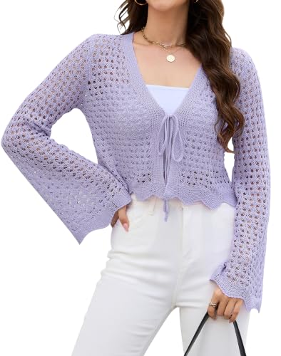 Image of Women's Crochet Tie Front Cardigan Cropped Knit Bolero Shrug Bell Sleeve