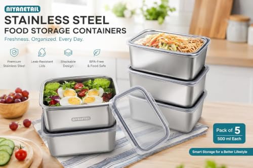 Image of Stainless Steel Food Storage Containers with Transparent Lids, 500 ml Each, Pack of 5 Stackable Kitchen Storage Boxes Leak-Resistant Containers for Lunch, Snacks, Fruits, Dry Foods & Meal Storage