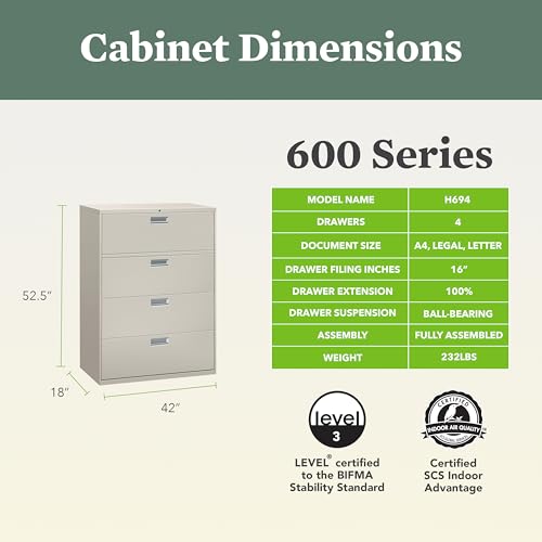 Image of HON 4 Drawer Lateral File Cabinet with Lock, Metal Filing Cabinets for Offices, Adjustable Hangrails for A4, Legal, Letter Files, 18 inch Deep, Light Gray
