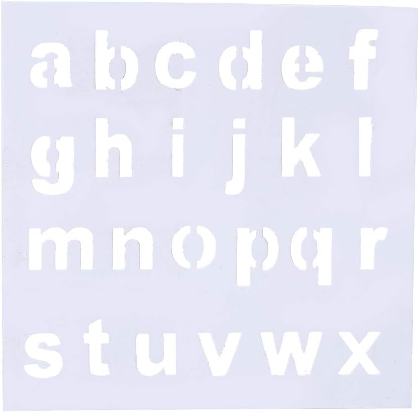 White plastic stencil with lowercase English alphabet letters for engraving or pyrography.